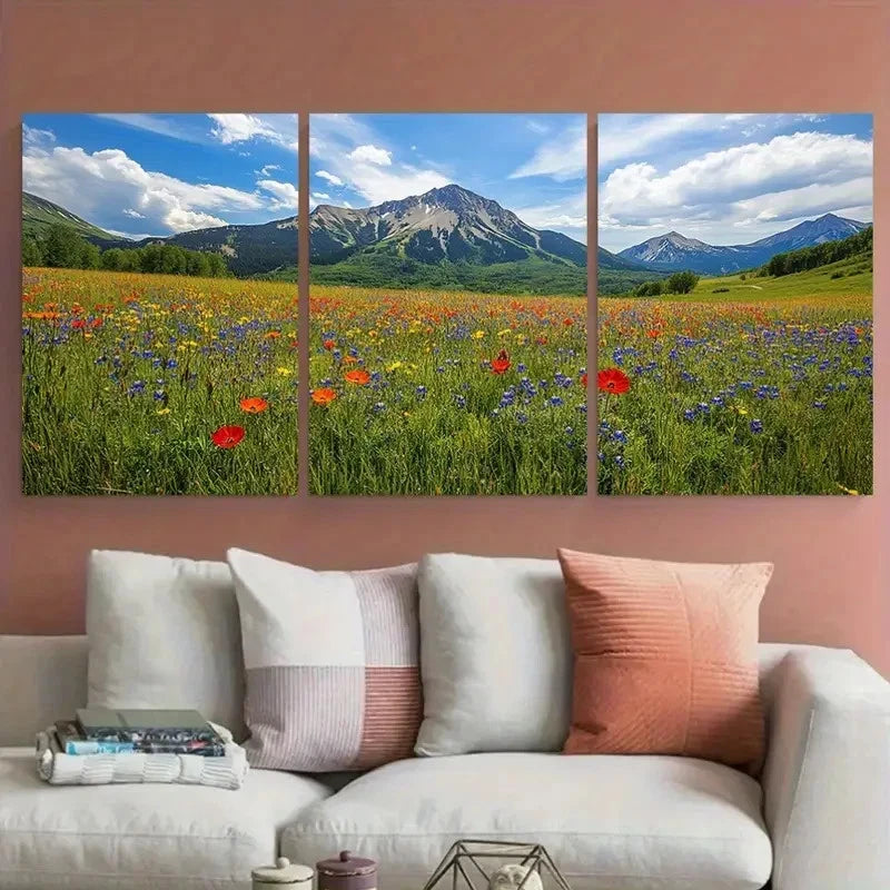 3pcs Crested Butte Wildflower with Mountain View Metal Print Ready to Hang Art - Bella Home Decor
