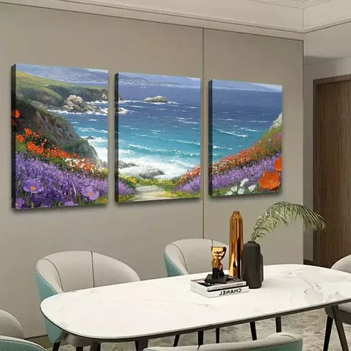 3pcs Flowers with Grass Mountain & Sea Wall Art Canvas Unframed - High Quality Print 100% Australian Made Wall Canvas