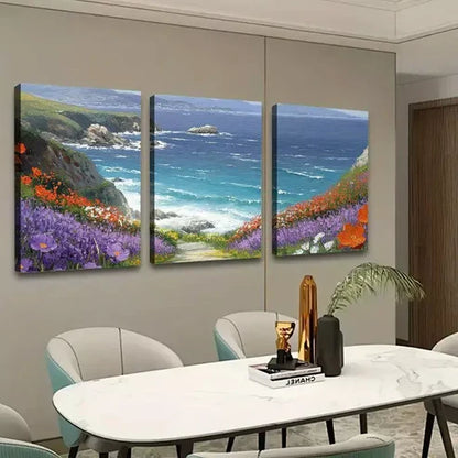 3pcs Flowers with Grass Mountain & Sea Wall Art Canvas Unframed - High Quality Print 100% Australian Made Wall Canvas