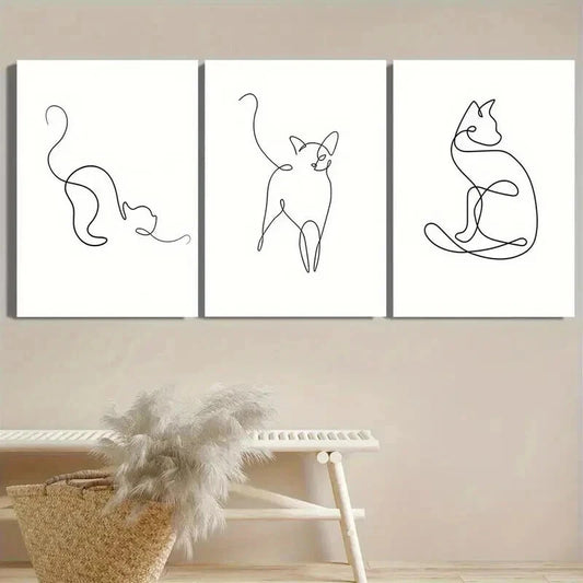3pcs Abstract Line Cat Minimalist B&W Perfect Wall Art Set Canvas Framed 50x70cm - High Quality Print 100% Australian Made Wall Canvas Ready to Hang