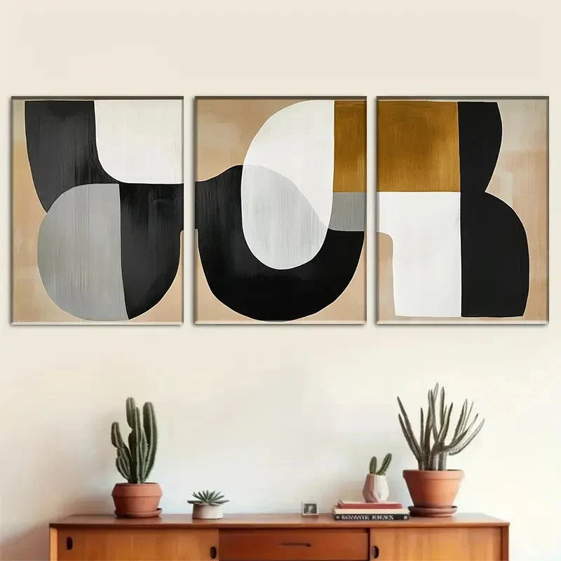 3pcs Black and White Golden Beige Color Metal Print Ready to Hang Art - Bella Home Decor