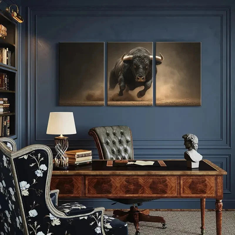 3pcs Bull Charge Dust Cloud Dynamic Action Metal Print Ready to Hang Art - Bella Home Decor