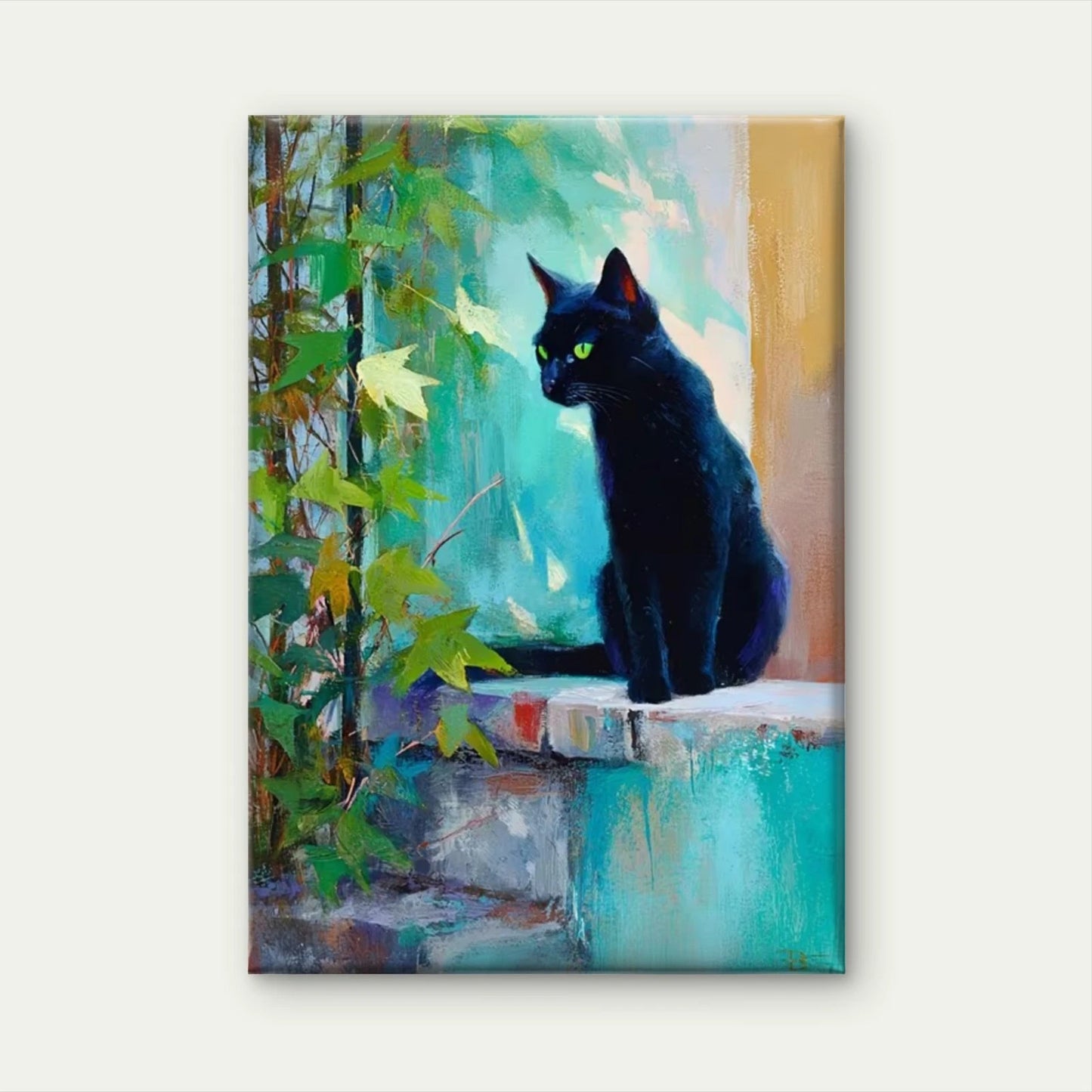 Black Cat in Spain with Green Leaves Metal Print Ready to Hang