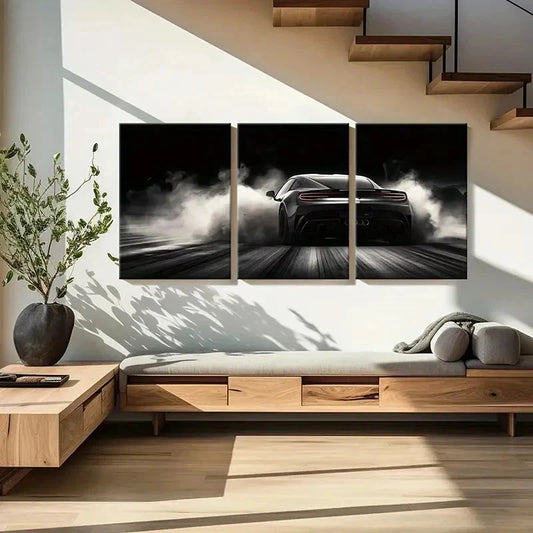 3pcs Black Sports Car Supercar with Smoke Wall Art Set Canvas Framed 50x70cm - High Quality Print 100% Australian Made Wall Canvas Ready to Hang