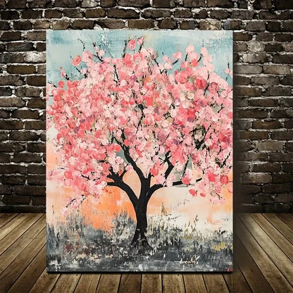 Vibrant Pink Peach Tree Forest with Sunset Painting 40x60cm Metal Print Ready to Hang - Bella Home Decor