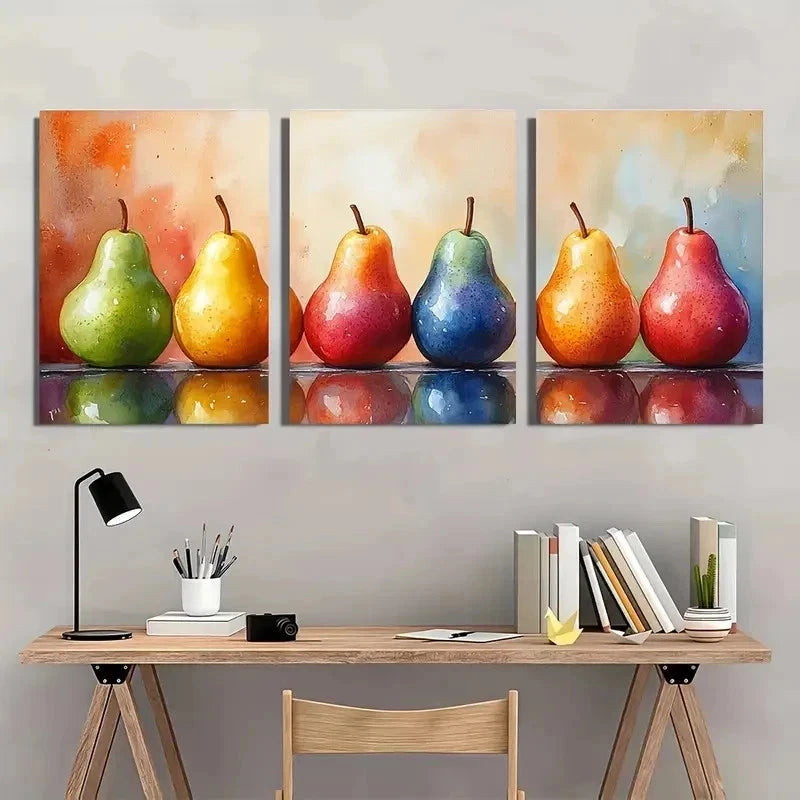 3pcs Pear Fruits Watercolor Still Life Perfect Wall Art Set Canvas Framed 60x90cm - High Quality Print 100% Australian Made Wall Canvas Ready to Hang - Bella Home Decor