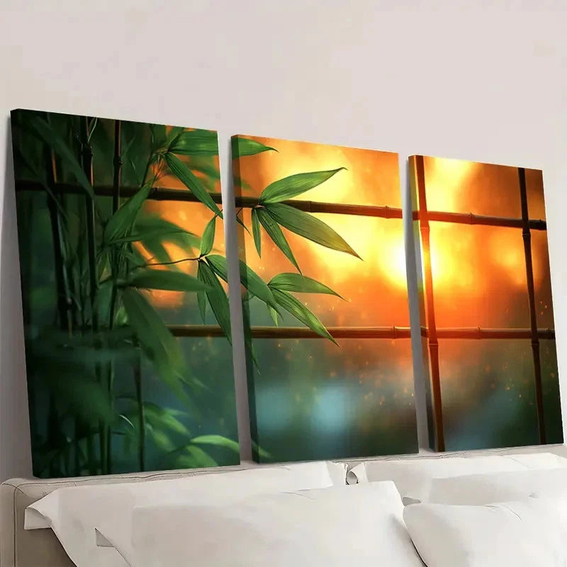 3pcs Bamboo Art  Elegant Botanical Nature HJ  Wall Art Set Canvas Framed 60x90cm - High Quality Print 100% Australian Made Wall Canvas Ready to Hang - Bella Home Decor