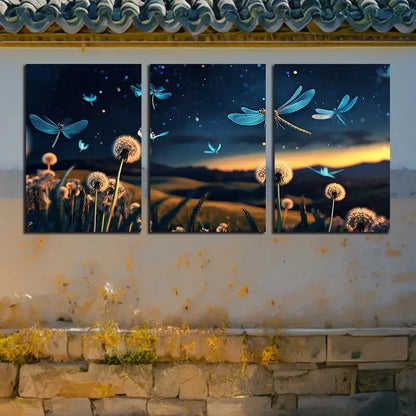 3pcs Dandelion Field with Dragonflies Illustration Metal Print Ready to Hang Art