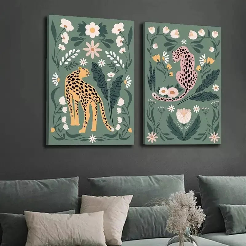 2pcs Decorative Painting, Cheetah, Feline, Floral Botanical Canvas Framed 50x75cm - High Quality Print 100% Australian Made Wall Canvas Ready to Hang - Bella Home Decor