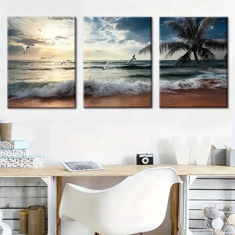 3pcs Beach Sunset Seagulls Décor Perfect Wall Art Set Canvas Framed 50x70cm - High Quality Print 100% Australian Made Wall Canvas Ready to Hang - Bella Home Decor