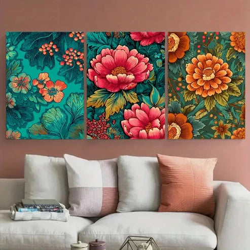 3pcs Vintage Bangkok Floral Thailand Design Wall Art Set Canvas Unframed - High Quality Print 100% Australian Made Wall Canvas