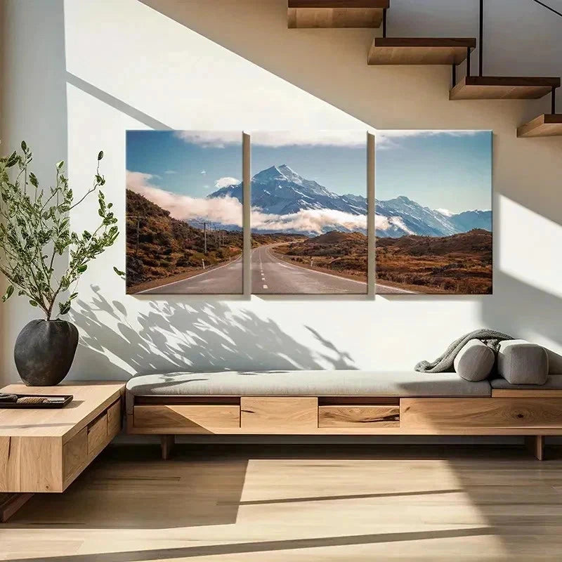 3pcs Snowy Mountains Roads Natural Wall Art Set Canvas Framed 60x90cm - High Quality Print 100% Australian Made Wall Canvas Ready to Hang