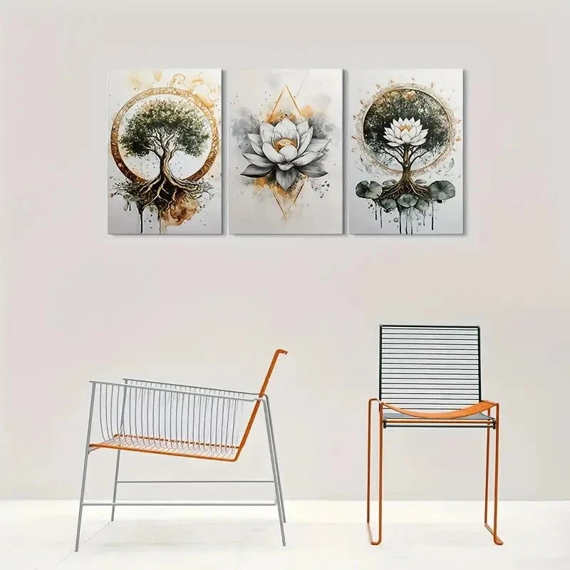 3pcs Golden & Earthy Tone Roots & Floral Elements Metal Print Ready to Hang Art - Bella Home Decor
