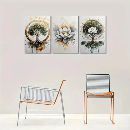 3pcs Golden & Earthy Tone Roots & Floral Elements Metal Print Ready to Hang Art - Bella Home Decor