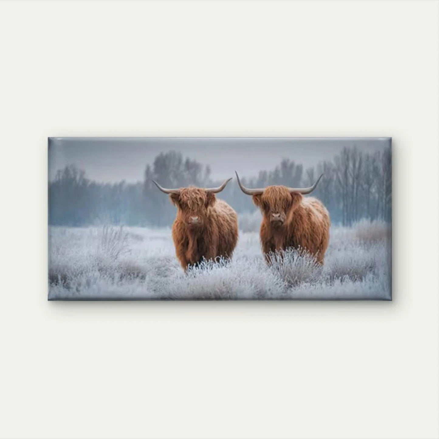 Highland Cattle in Frosty Field Wall Art Canvas Office Home Room Framed 120x60cm