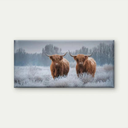 Highland Cattle in Frosty Field Wall Art Canvas Office Home Room Framed 120x60cm