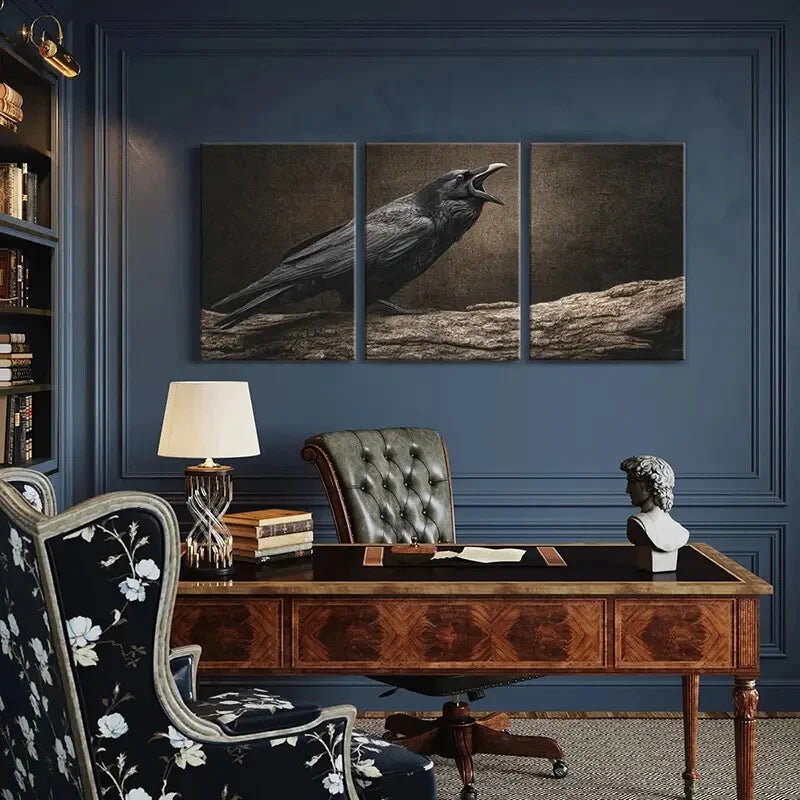3pcs Artistic Black Crow Perched On Tree Branch Metal Print Ready to Hang Art - Bella Home Decor