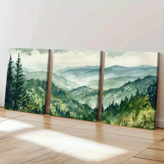 3pcs Vintage Mountain Green Forest Misty Hills Wall Art Canvas Wall Art Set Canvas Framed 40x60cm - High Quality Print 100% Australian Made Wall Canvas Ready to Hang