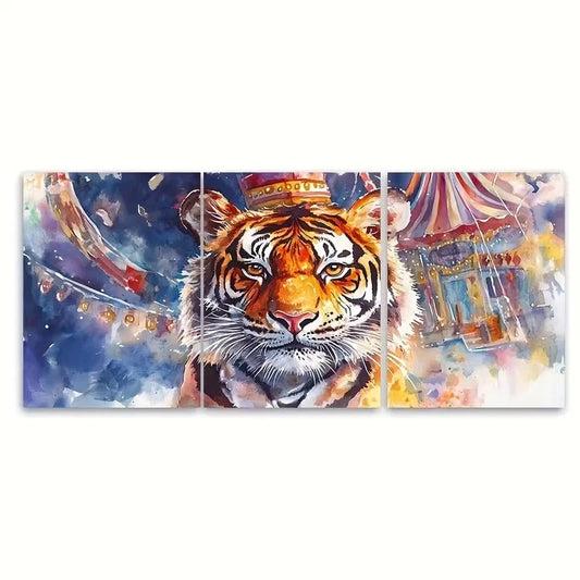3pcs Tiger Mascot at Carnival, Watercolor Wall Art Set Canvas Framed 60x90cm - High Quality Print 100% Australian Made Wall Canvas Ready to Hang
