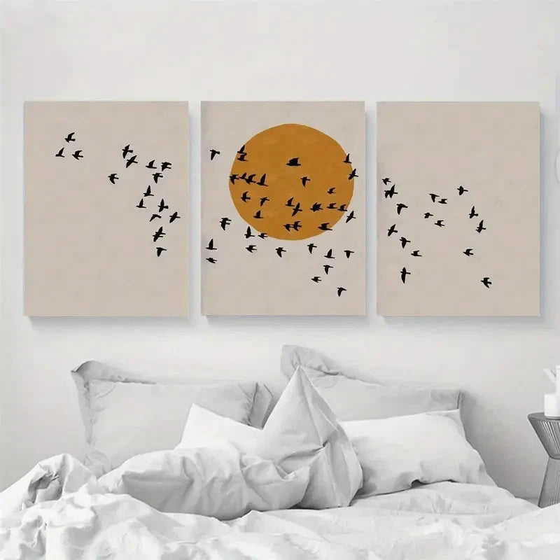 3pcs Flock of Birds Silhouette and Sunrise Metal Print Ready to Hang Art - Bella Home Decor