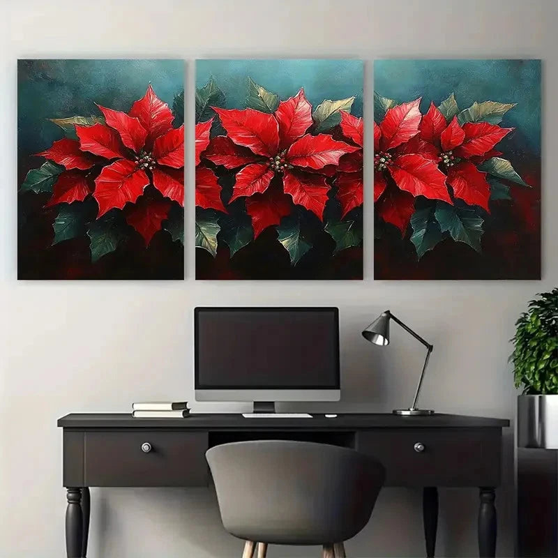 3pcs Beautiful Poinsettia Flowers Illustration Metal Print Ready to Hang Art - Bella Home Decor