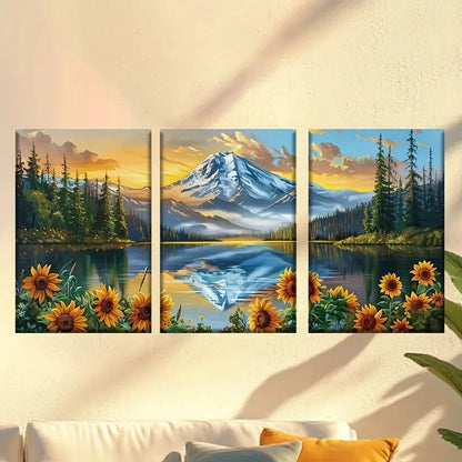 3pcs Sunflowers, lakes and snow-capped mountains Wall Art Set Canvas Framed 50x70cm - High Quality Print 100% Australian Made Wall Canvas Ready to Hang - Bella Home Decor