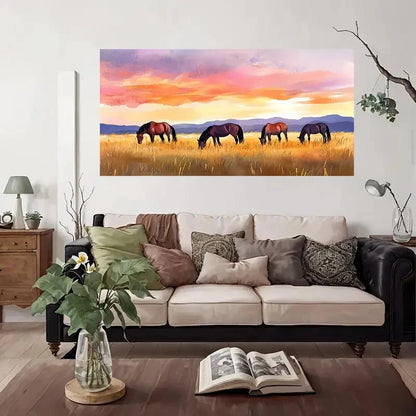 Horses In Sunset Pasture Wall Art Canvas Office Home Room Framed 120x60cm