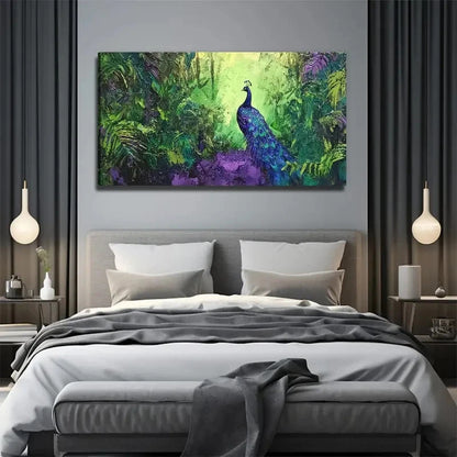 Vibrant Peacock In Green Forest Wall Art Canvas Office Home Room Framed 120x60cm