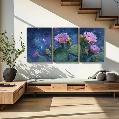 3pcs Set of Vibrant Cactus Flower Cosmic Theme Metal Print Ready to Hang Art - Bella Home Decor