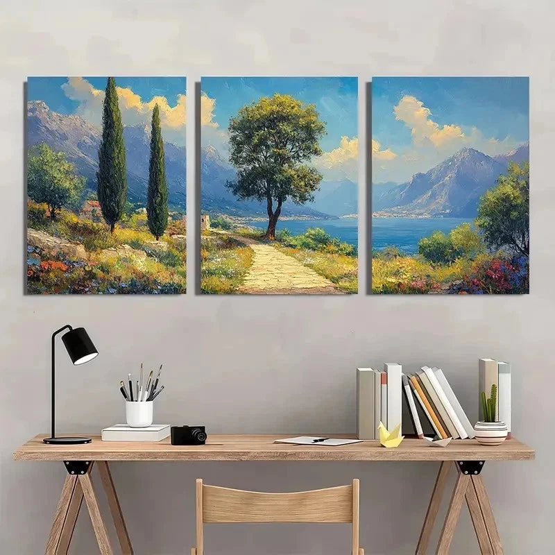 3pcs Green Tree & Mountain Landscape Perfect Wall Art Set Canvas Framed 50x70cm - High Quality Print 100% Australian Made Wall Canvas Ready to Hang.