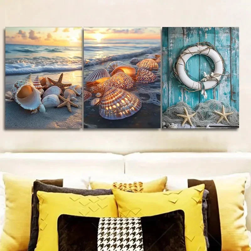 3pcs Beach Shells & Starfish Sandy Beach Scene Wall Art Set Canvas Framed 40x60cm - High Quality Print 100% Australian Made Wall Canvas Ready to Hang - Bella Home Decor