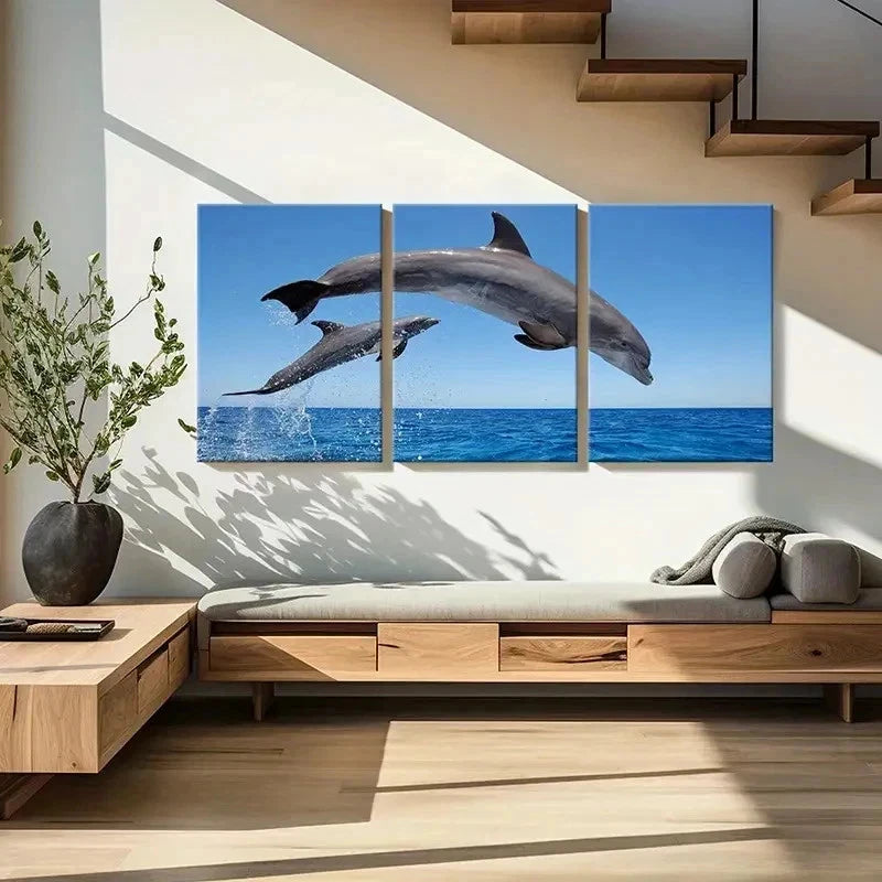 3pcs Vibrant Dolphins Leaping from the Ocean Wall Art Set Canvas Framed 40x60cm - High Quality Print 100% Australian Made Wall Canvas Ready to Hang