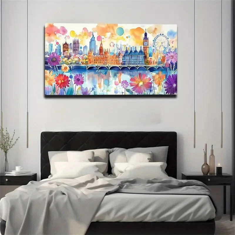 Vibrant London Cityscape Wall Art Canvas Office Home Room Framed 120x60cm