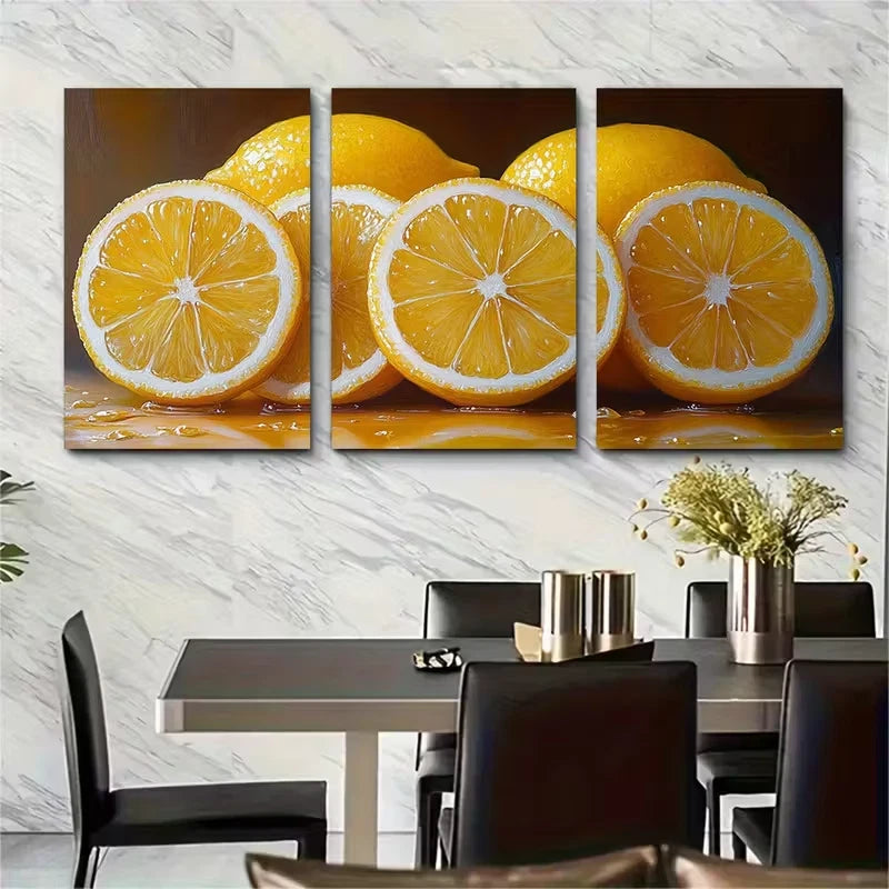 3pcs Lemon Oil Painting Abstract Yellow Fruit Metal Print Ready to Hang Art