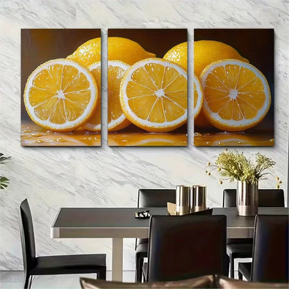 3pcs Lemon Oil Painting Abstract Yellow Fruit Metal Print Ready to Hang Art