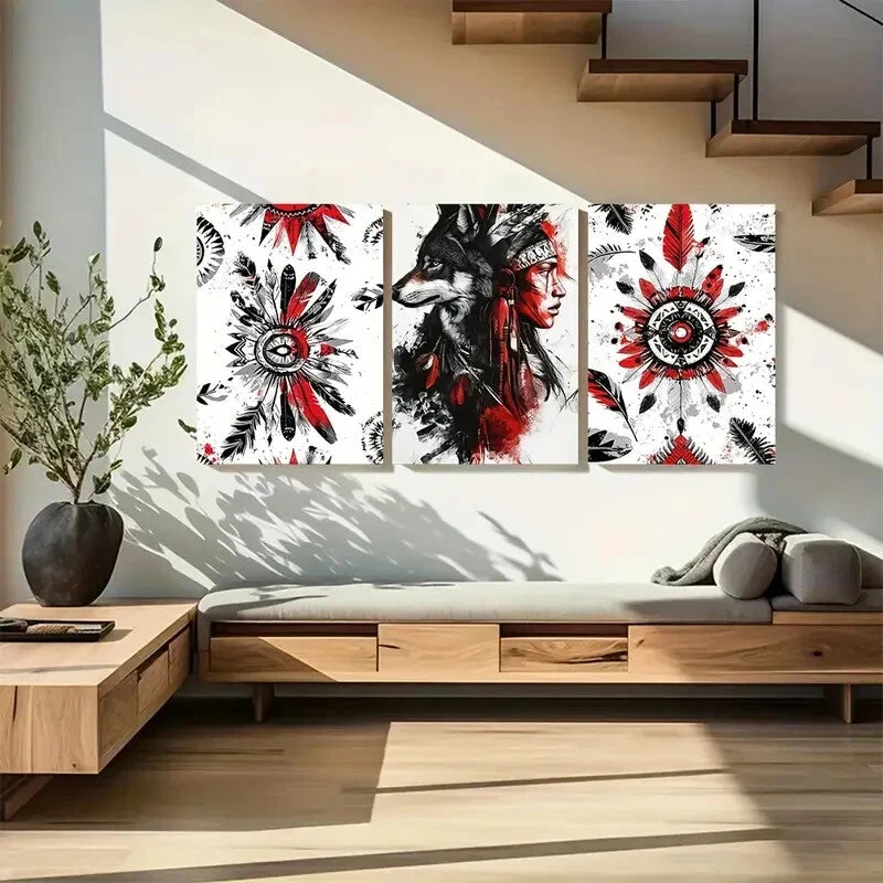 3pcs Native American Wolf & Feather Designs Metal Print Ready to Hang Art - Bella Home Decor