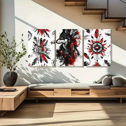 3pcs Native American Wolf & Feather Designs Metal Print Ready to Hang Art - Bella Home Decor
