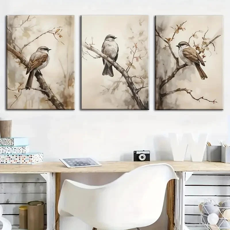 3pcs Realistic Bird Illustrations on Branches Metal Print Ready to Hang Art - Bella Home Decor