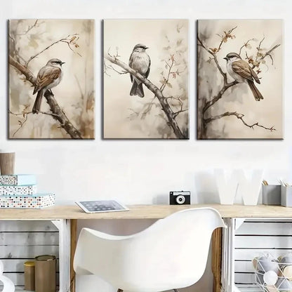 3pcs Realistic Bird Illustrations on Branches Metal Print Ready to Hang Art - Bella Home Decor