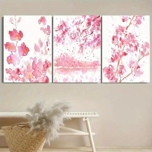 3pcs Pink Cherry Blossom Japanese Floral Design Metal Print Ready to Hang Art