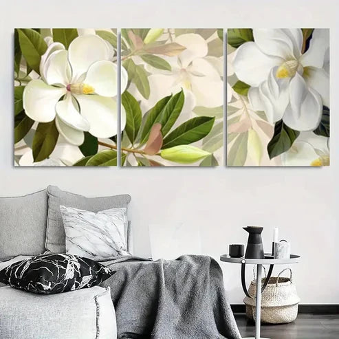 3pcs White Magnolia Bloom Botanical Wall Art Canvas Unframed - High Quality Print 100% Australian Made Wall Canvas