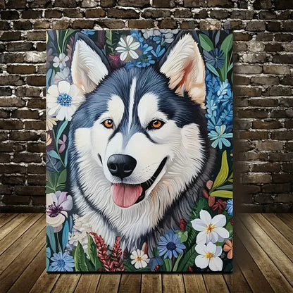 Flowers And Plants Cute Alaskan Malamute Dog Painting 40x60cm Metal Print Ready to Hang