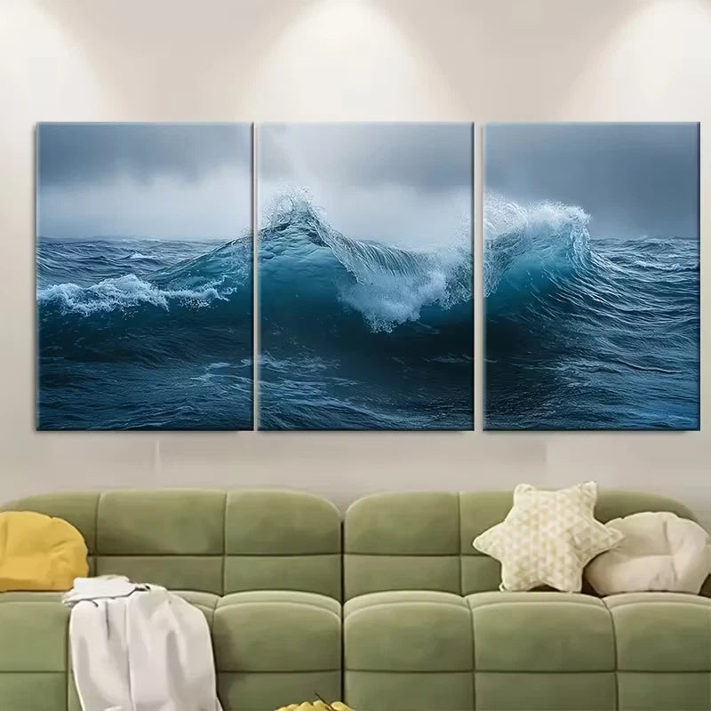 3pcs , Moody Ocean Waves Metal Print Ready to Hang Art - Bella Home Decor