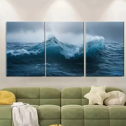 3pcs , Moody Ocean Waves Metal Print Ready to Hang Art - Bella Home Decor