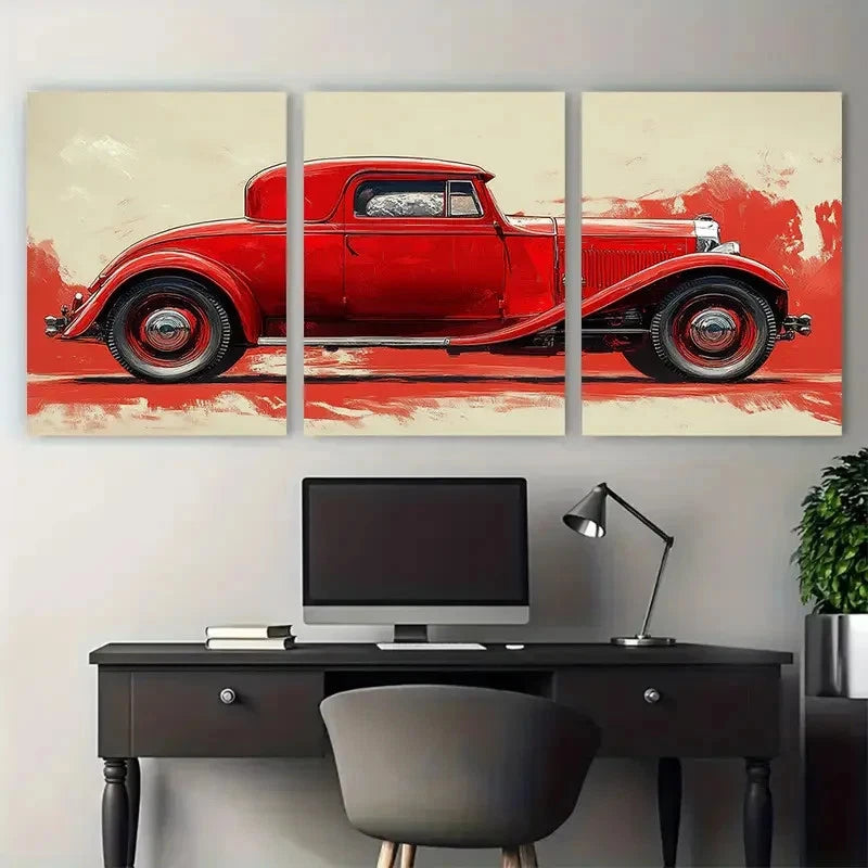 3pcs 1920s Red Car Digital Illustration Metal Print Ready to Hang Art - Bella Home Decor