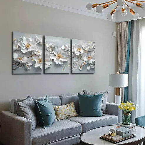 3pcs Beautiful Blooming White Flowers Wall Art Set Canvas Unframed - High Quality Print 100% Australian Made Wall Canvas - Bella Home Decor