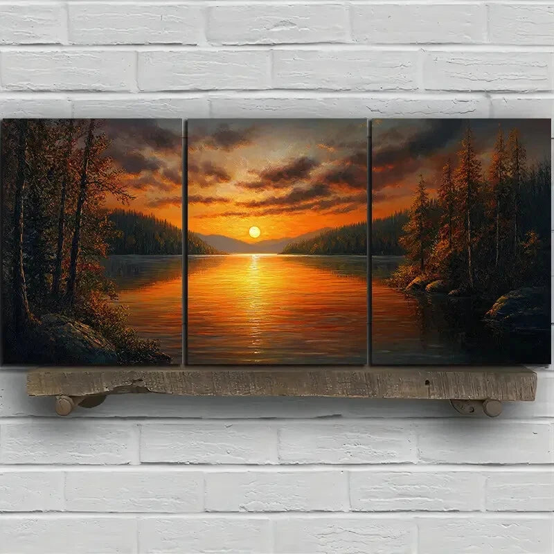 3pcs Sunset Lake Nature Trees Metal Print Ready to Hang Art - Bella Home Decor