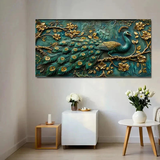 Vibrant Teal & Golden Retro Wall Art Canvas Office Home Room Framed 120x60cm