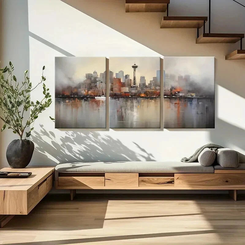 3pcs Abstract Cityscape Space Needle Metal Print Ready to Hang Art - Bella Home Decor