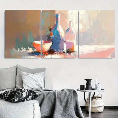 3pcs Abstract Bottles and Bowl Textured Painting Metal Print Ready to Hang Art - Bella Home Decor